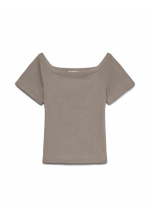 Kort taupekleurig cropped topje met korte mouwen en een brede, off-shoulder halslijn, gemaakt van geribd materiaal.