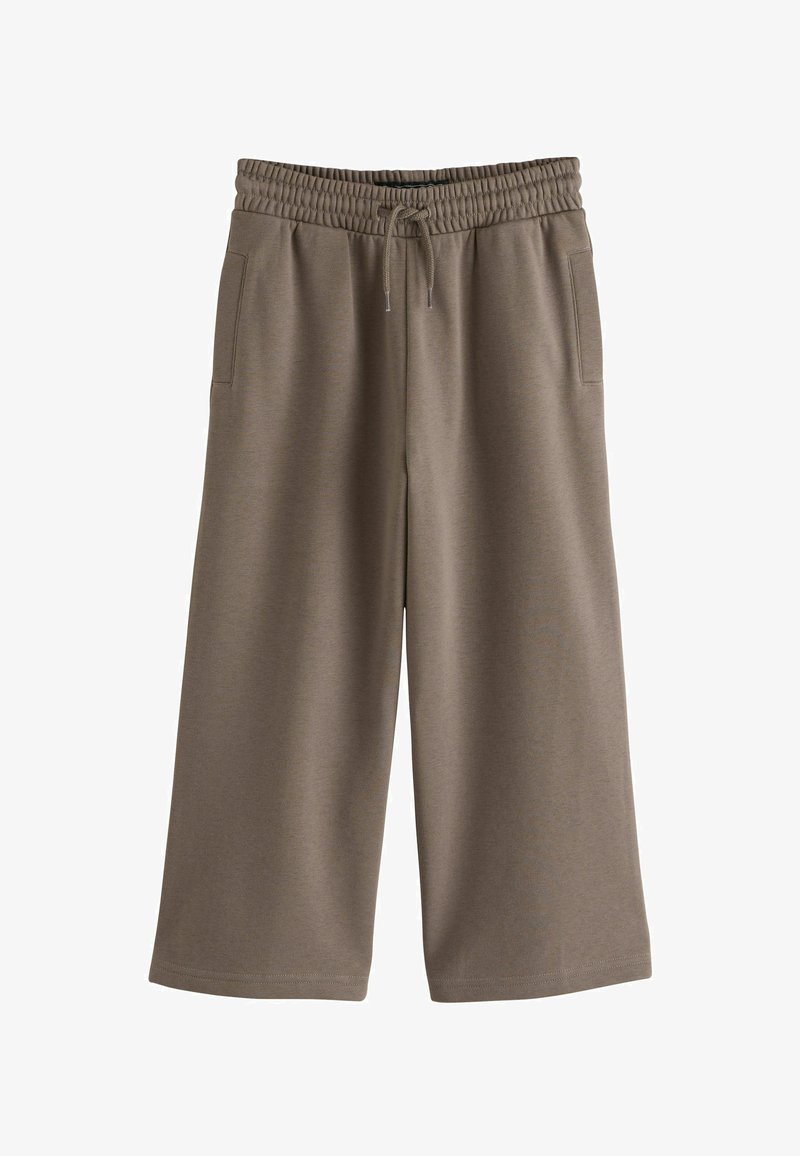 Pantalon marron ample et court avec taille élastique et cordon de serrage, doté de poches latérales.