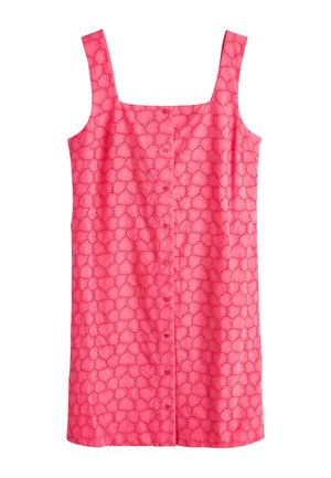 Ružové šaty bez rukávov so štvorcovým výstrihom, zapínaním na gombíky vpredu a vzorom dierok v tvare srdca po celom materiáli.