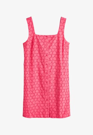 Ružové šaty bez rukávov so štvorcovým výstrihom, zapínaním na gombíky vpredu a vzorom dierok v tvare srdca po celom materiáli.