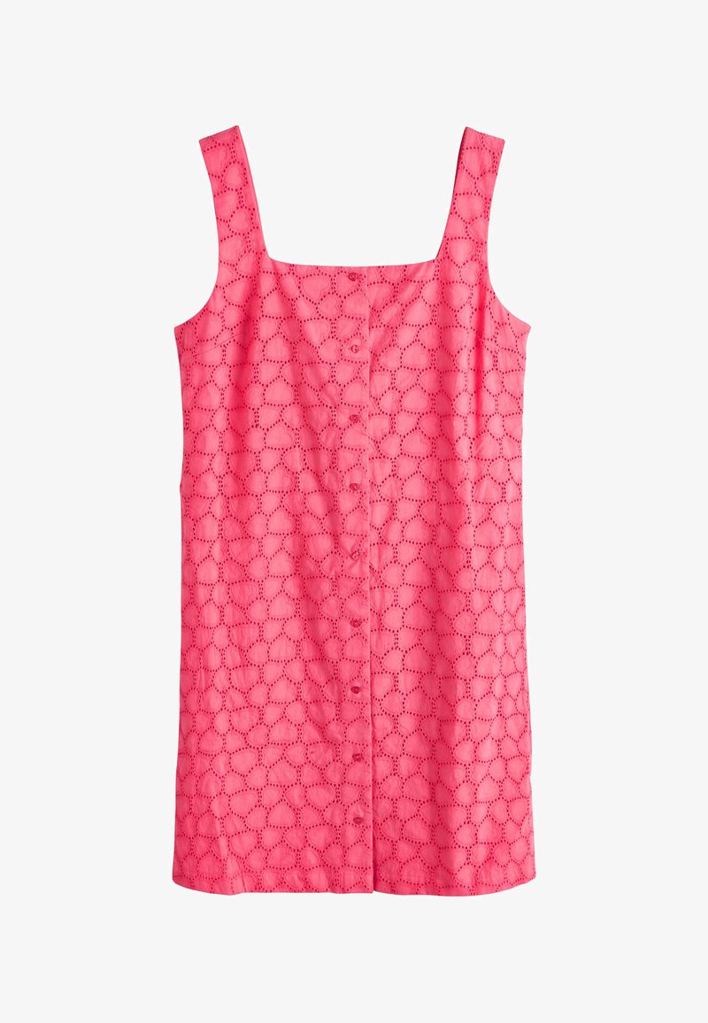 Robe rose sans manches avec encolure carrée, boutonnière devant, et motif ajouré en forme de cœur sur tout le tissu.