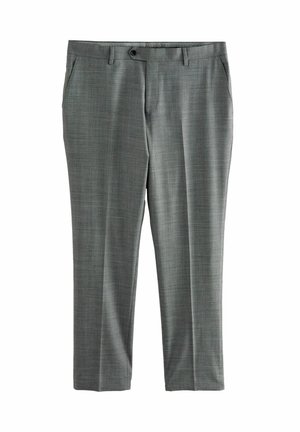 Pantalones de cuadros grises con una textura suave, diseño de pierna recta y bolsillos laterales. Presentan un cierre de botón y una cinturilla.
