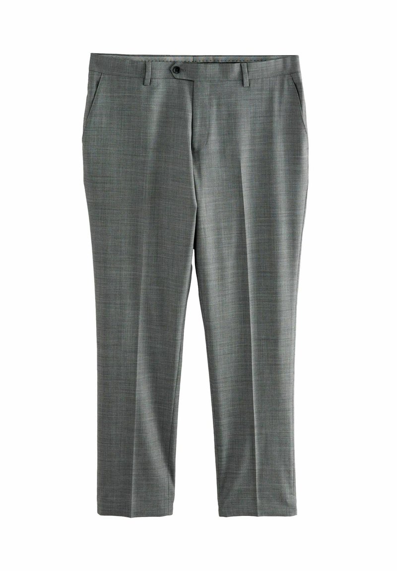 Pantalons à carreaux gris avec une texture lisse, une coupe droite, et des poches latérales. Présente une fermeture à bouton et une taille.
