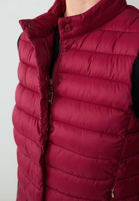 Gilet imbottito borgogna con colletto alto, caratterizzato da cuciture orizzontali, chiusura con zip e bottoni a pressione, realizzato in un tessuto lucido e scorrevole.