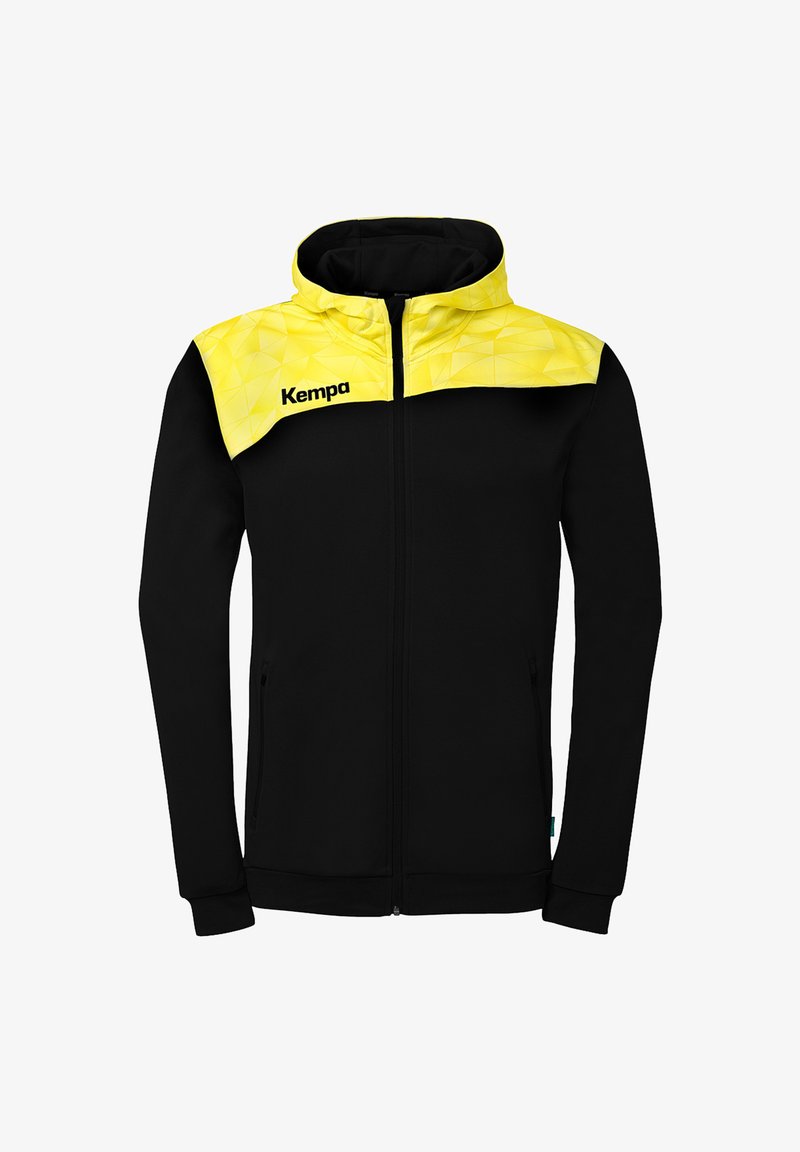 Sort lynlåstrøje med hætte, med gult geometrisk mønster på skulderparti og hætte, med "Kempa" logo på venstre bryst.