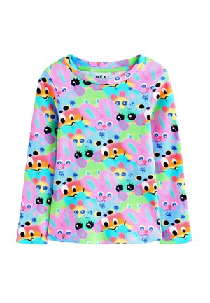 Dziecięca koszulka z długim rękawem w jasny, pastelowy wzór z kolorowymi uśmiechniętymi twarzami i abstrakcyjnymi kształtami na prążkowanej tkaninie.