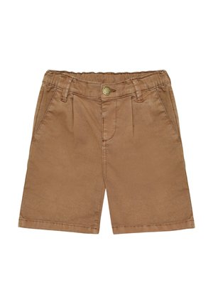 Bruine katoenen shorts met een platte voorkant, zijzakken en een tailleband met een elastische inzet en een decoratieve knoop. Gladde textuur.