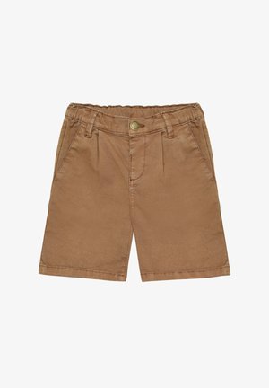 Pantaloncini di cotone marroni con fronte piatto, tasche laterali e una cintura con inserto elastico e bottone decorativo. Tessuto liscio.