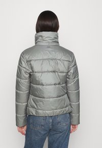 Šedá péřová bunda s vysokým límcem, vyrobená z prošívaného materiálu. Materiál je lesklý, lehký a zateplený pro teplo.