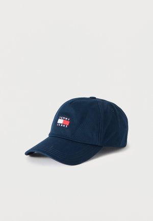 Gorra de béisbol azul marino con visera curva y logo bordado de Tommy Jeans en blanco, rojo y azul en el centro delantero.