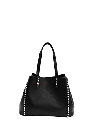 Black leather handbag with two handles, decorated with vertical rows of silver studs and a small tag featuring the Italian flag.