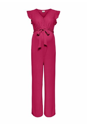 Růžový těhotenský overal s krátkými volánkovými rukávy, výstřihem do V, zapínáním na knoflíky vpředu a látkovým pásek v pase.