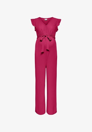 Różowy kombinezon ciążowy z krótkimi, falbaniastymi rękawkami, dekoltem w serek, zapinany z przodu na guziki oraz z materiałowym paskiem w talii.