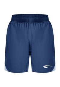 Pantalones cortos deportivos de color azul marino con una cinturilla elástica, elaborados en un tejido ligero, que presentan un logo blanco en la parte inferior derecha y detalles en azul claro.