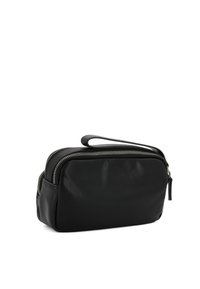 Neceser de cuero negro con forma rectangular, cierre de cremallera, superficie texturizada y un pequeño asa en la parte superior. Acentos de cremallera a lo largo del borde.