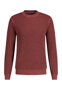 Röd stickad tröja med rund halsringning, texturerat tyg och ribbade ärmslut och nederkant. Har en liten logga på vänster ärm.