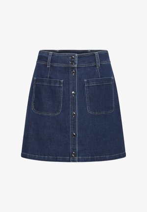 Tume sinine jean-seel, millel on nupuga eesriie, kaks eesmist taskut ja sirge ääre kontrastõmblustega.