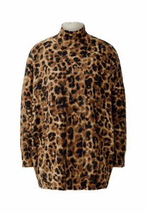 Lepelprint, fuzzy gebreide coltrui. Kenmerkt zich door een losse silhouet, een bruine basis met zwarte vlekken en een hoge halsontwerp.