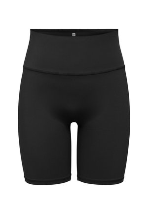 Pantaloni scurți negri de biker cu talie înaltă, cusături plate și o mică etichetă centrală pe talie, prezentați pe un fundal alb.