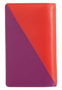 Leather wallet featuring a diagonal design split between vibrant red and purple colors, smooth texture, and contrasting stitching.