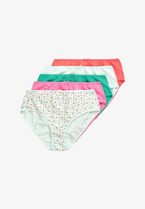 Fem bomulds trusser til kvinder i koral, hvid, grøn, pink og hvid med lille blomsterprint, hver med en lille sløjfe i midten af linningen.