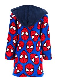Blue children's hooded robe covered with repeating red and white Spider-Man mask patterns, shown from the back.