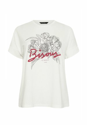 T-shirt en coton blanc avec un dessin floral en ligne noir et un script rouge disant "Bisous", avec un petit logo en dessous. Manches courtes et coupe ample.