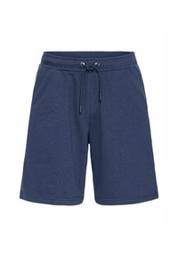 Shorts bleu marine en tissu doux avec une taille élastique et un cordon de serrage ajustable ; poches latérales et détails de couture à l'ourlet.