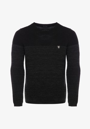 Schwarzer Pullover mit strukturiertem Design, mit geripptem Halsausschnitt und Bündchen. Enthält ein kleines Logo-Patch auf der Brust.