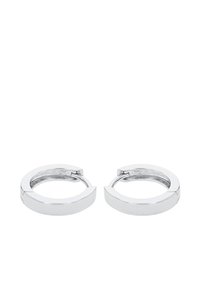 Silverfärgade hoops med en polerad yta, med cirkulär form och en gångjärnsstängning. Slät textur med subtila glänsande accenter.
