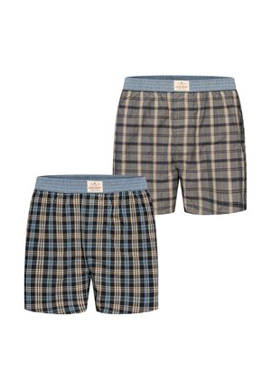 Zwei Paar karierte Herrenboxershorts mit blauem elastischem Bund, eines in Beigetönen und das andere in Schwarz, Blau und Beige, mit dem Label Luca David.