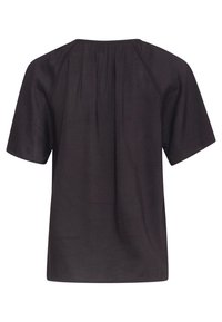 Schwarze kurzärmlige Bluse mit entspannter Passform, Rundhalsausschnitt und Raffung auf der Rückseite. Aus leichtem Stoff gefertigt.