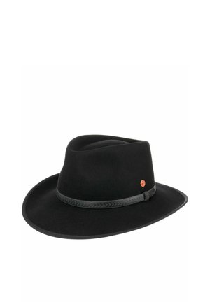 Black wide-brim fedora hat with a textured band and small round red logo on the side, displayed on a white background.