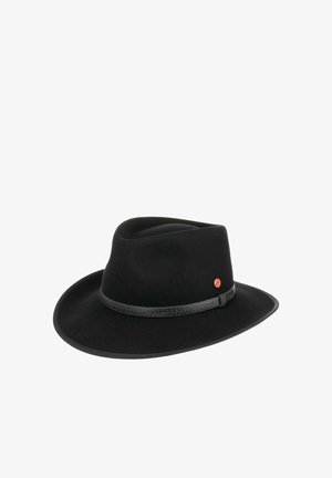 Black wide-brim fedora hat with a textured band and small round red logo on the side, displayed on a white background.