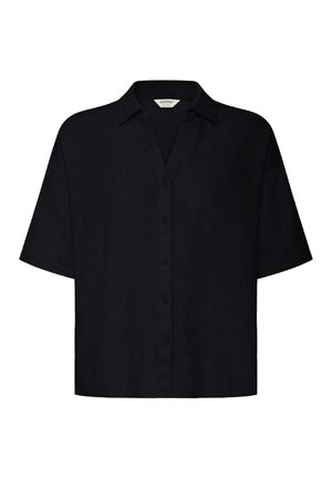 Camisa negra de manga corta con botones, cuello, ajuste suelto y mangas de longitud media.