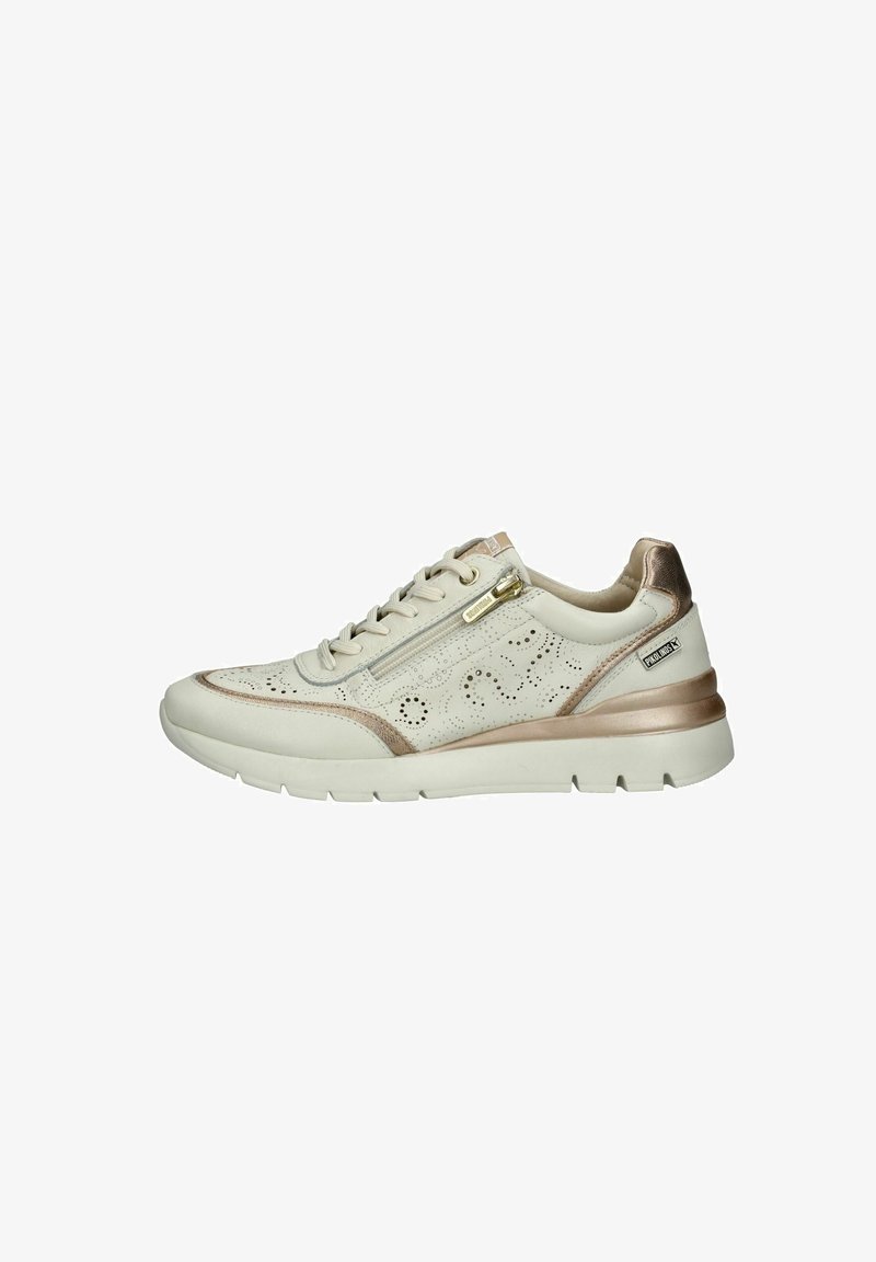 Weiße Sneakers mit perforiertem Design, weichem Material, roségoldenen Akzenten und einem Reißverschlussdetail. Gepolsterte Sohle für zusätzlichen Komfort.