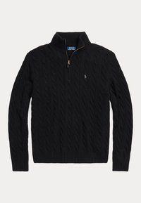 Czarny sweter w warkocze z suwakiem do ćwiartki i wysokim kołnierzem, z małym logo Polo Ralph Lauren na piersi.
