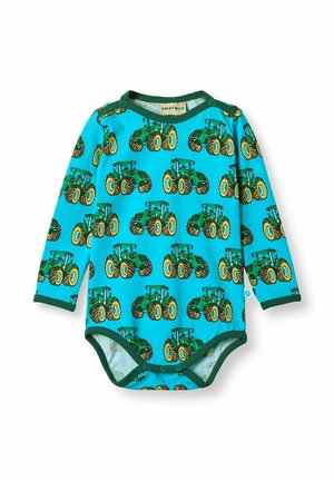 Långärmad bodysuit i teal med grön trim, med upprepade traktor grafik i grönt och gult med svarta detaljer. Mjukt tyg.