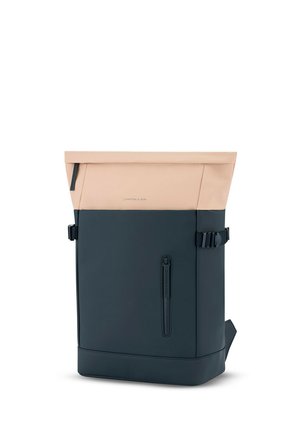 Roll-top backpack in navy and muted peach. Crafted from durable material, features adjustable straps and a front zip pocket for storage.