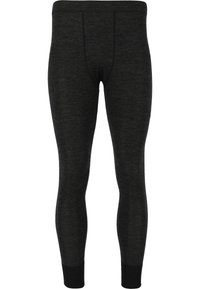 Svarta termoleggings med en texturerad yta, figursydd design och elastisk midja, med svarta manschetter vid anklarna.