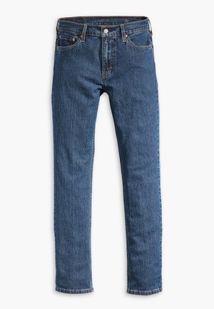 Blue denim jeans with a straight leg design, five pockets, button and zipper closure, and contrasting tan stitching details.