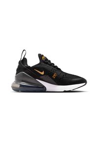 Μαύρο και πορτοκαλί αθλητικό παπούτσι Nike Air Max 270 με επάνω μέρος από πλέγμα, ορατή μονάδα αέρα στη φτέρνα και λευκή μεσαία σόλα, πλευρική όψη σε λευκό φόντο.