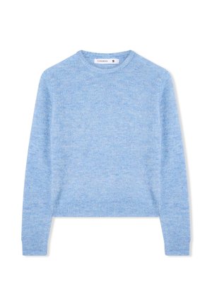 Maglione corto azzurro chiaro realizzato in un morbido tessuto testurizzato. Presenta un colletto tondo e maniche lunghe con polsini e orlo a coste.