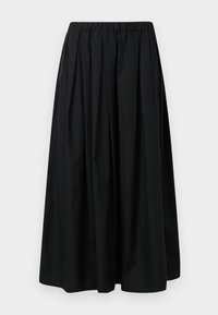 Svart plisserte skjørt laget av lett materiale med elastisk liv. Gulvlengde med en glatt tekstur og minimalistisk design.