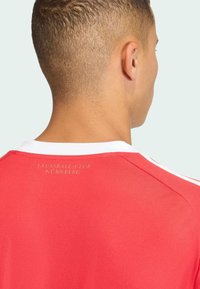 Camiseta deportiva roja con cuello blanco y texto dorado "1. FUSSBALL-CLUB NÜRNBERG" en la parte de atrás. Tejido suave, mangas cortas, diseño ajustado.