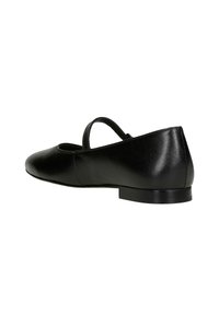 Schwarze Leder-Ballerinas mit flachem Absatz, runder Zehenpartie und einem einzigen Riemen über dem Spann. Glatte Textur und elegantes Design.