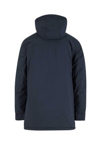 Giacca isolata di colore blu navy con cappuccio, caratterizzata da una texture liscia e opaca e polsini elastici. La vista posteriore non mostra loghi visibili né componenti metallici.