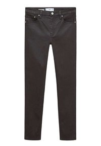 Jeans slim fit negros con cinco bolsillos, cierre de botón y trabillas, mostrados de forma plana sobre un fondo blanco.