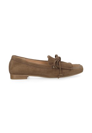 Brown suede flat loafer with tassel and bow detail, white stitching, and low wooden heel, side view on white background.