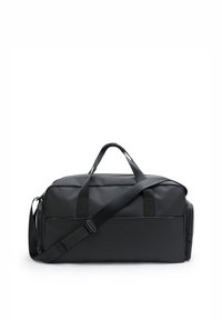 Borsa a duffel nera realizzata in materiale liscio e resistente. Presenta due manici superiori, una tracolla rimovibile e una tasca laterale con zip.